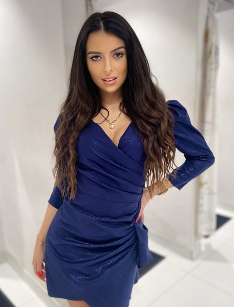 Sukienka krótka dwa rękawy połysk granat