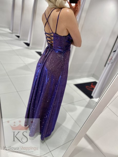 Sukienka długa wiązanie plecy brokat holo fiolet