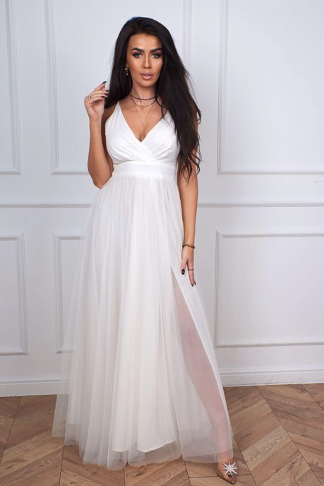 Sukienka długa ramiączka tiul połysk biel