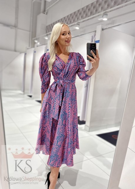 Sukienka midi koszulowa długi rękaw zebra róż