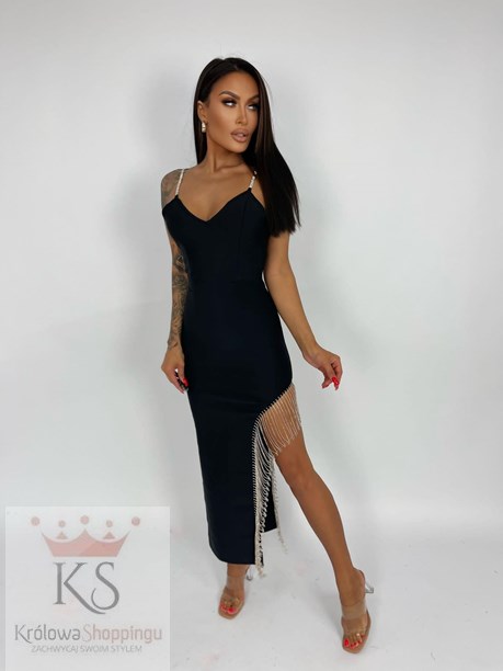 Sukienka długa ramiączka kryształki czerń
