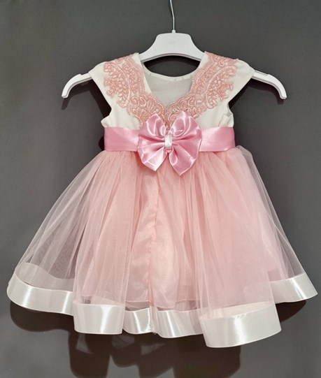 Sukienka dziecięca koronka kokarda tył róż/biel