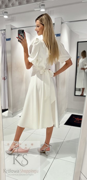 Sukienka midi 3/4 rękawek wiązanie plecy biel