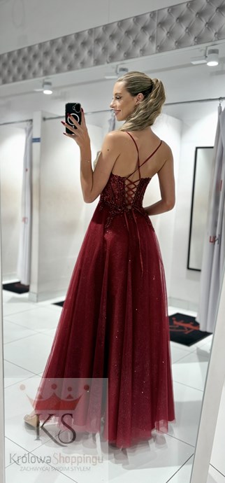Sukienka długa tiul gorset ozdoby brokat bordo