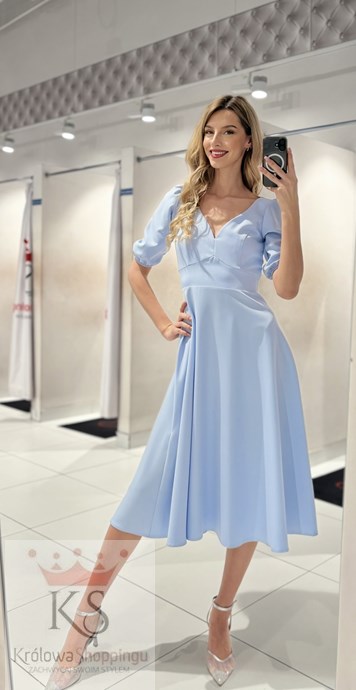 Sukienka midi rękawek 3/4 pas wiązanie j. błękit