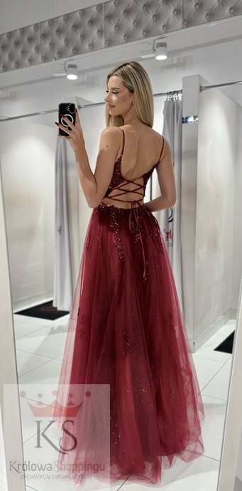 Sukienka długa tiul brokat gorset haft bordo