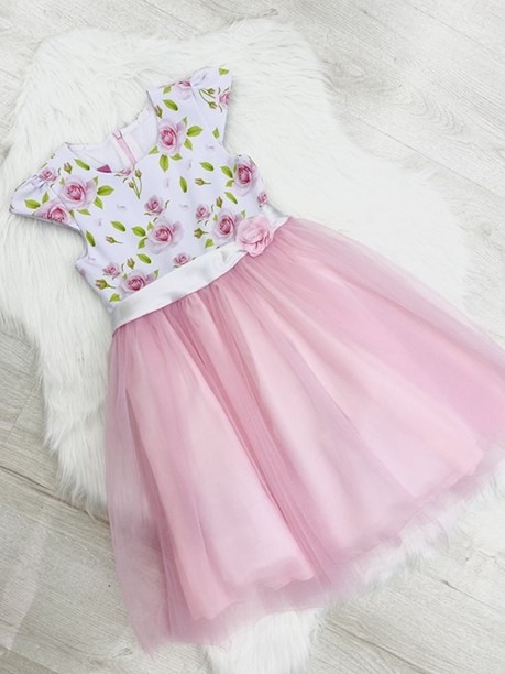 Sukienka dziecięca kwiaty na górze tiul biel/róż