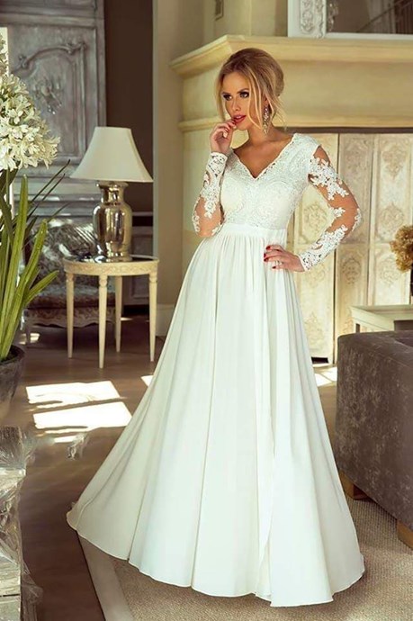 Sukienka długa koronkowy rękaw biały