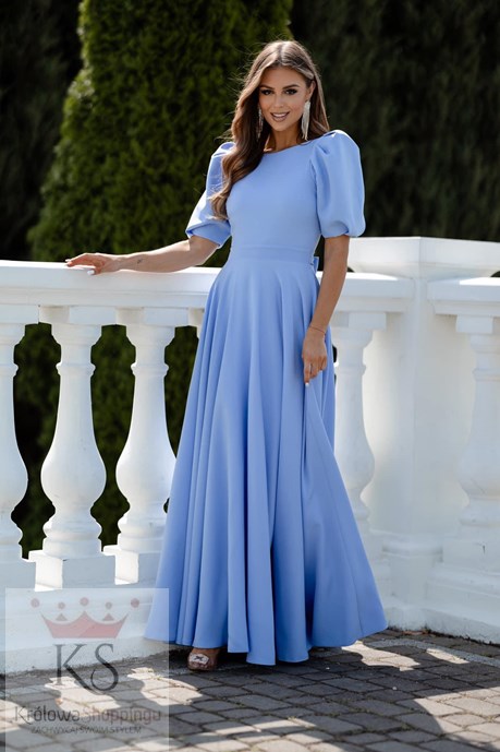 Sukienka długa 3/4 rękawek wiązanie plecy błękit