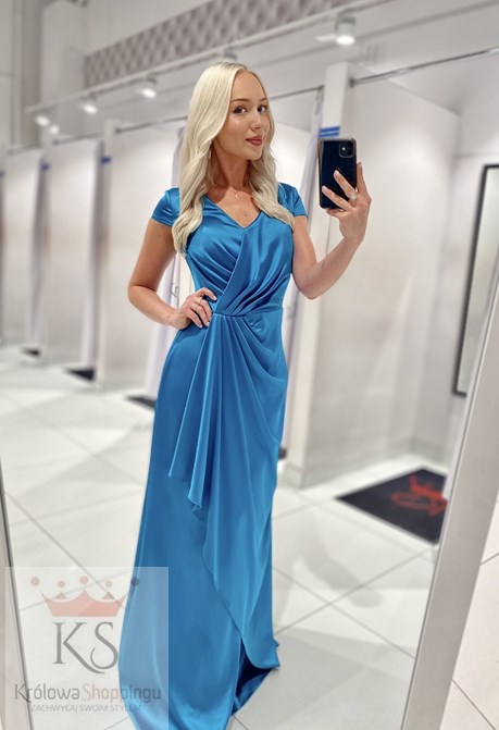 Sukienka długa satynowa falbana rękawek turkus