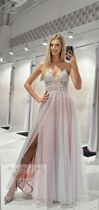 Sukienka długa tiul gorset ozdoby brokat r/szarość