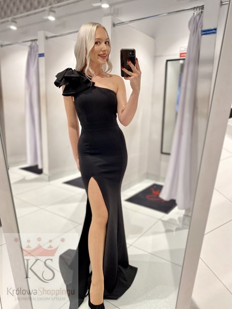 Sukienka długa jedno ramię kokarda czerń