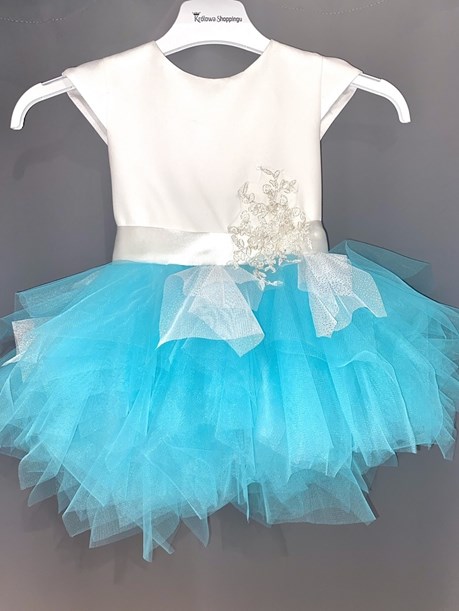 Sukienka dziecięca pierzynka kwiat biel/ turkus