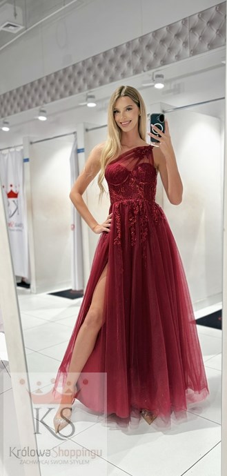 Sukienka długa asymetria tiul brokat bordo