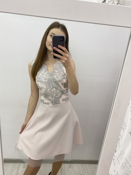 Sukienka krótka tiul góra koronka popiel/róż