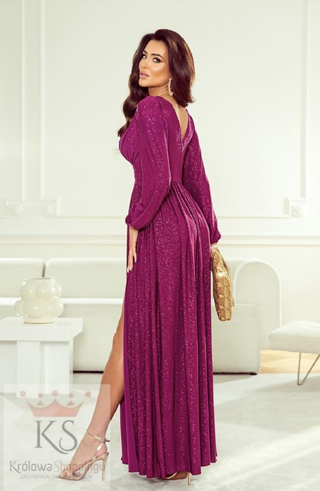 Sukienka długa brokat długi rękaw fuksja