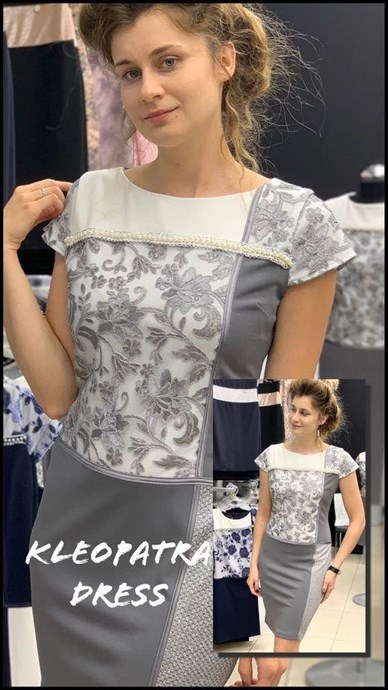 Sukienka krótka szycie krzyż koronka perły szary