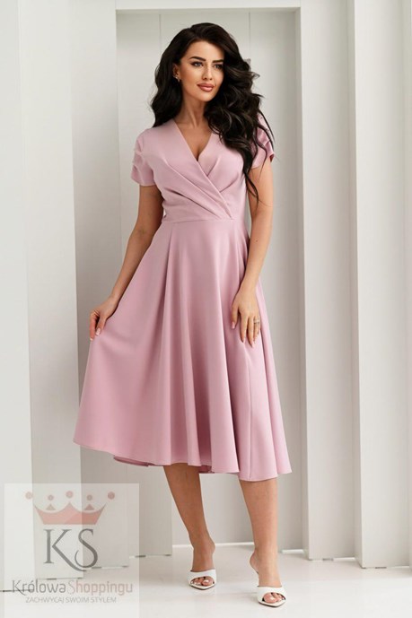 Sukienka midi marszczony rękawek puder róż