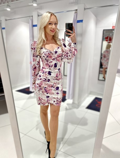 Sukienka krótka rękaw pas kwiaty biel/brąz/fiolet