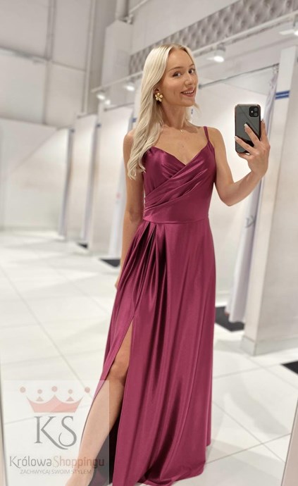 Sukienka długa ramiączka połysk purpura