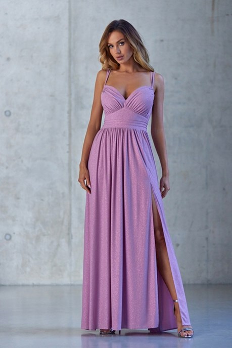 Sukienka długa pas cienkie ramiączka połysk róż