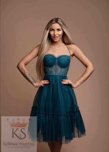 Sukienka midi ramiączka gorset tiul turkus