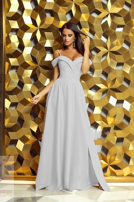 Sukienka długa opadające ramiona pas szary