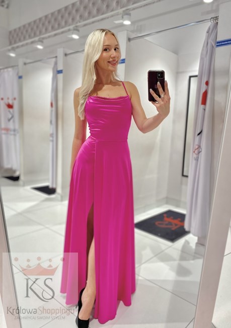 Sukienka długa satynowa wiązanie szyja malina