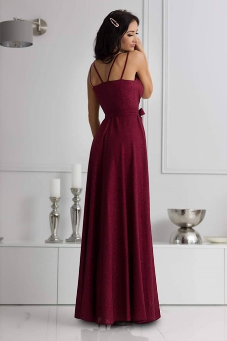 Sukienka długa brokatowa odkryte plecy bordo