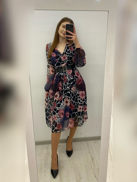 Sukienka midi rękaw pasek zwiewna cętki czerń/róż