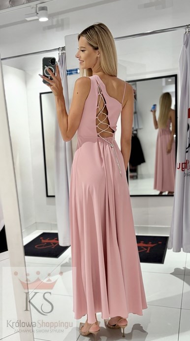 Sukienka długa asymetria wiązanie plecy pudrowy