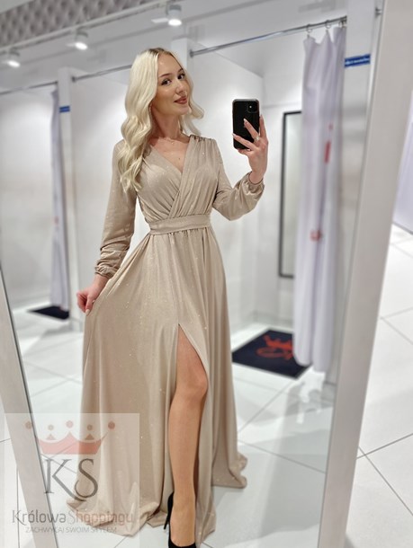 Sukienka długa brokat na długi rękaw beż