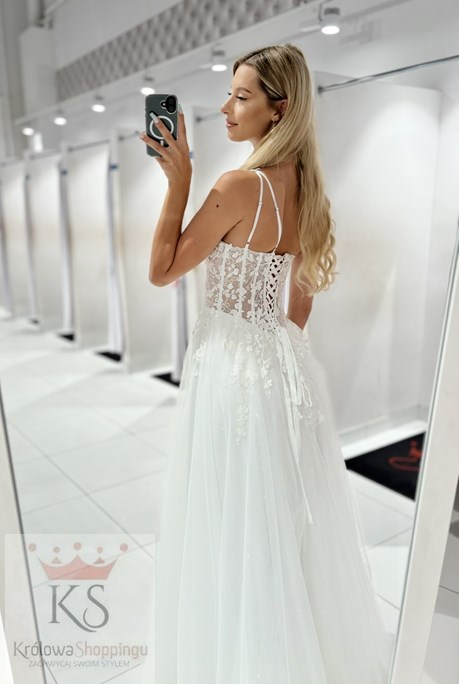 Sukienka długa asymetria tiul brokat biel