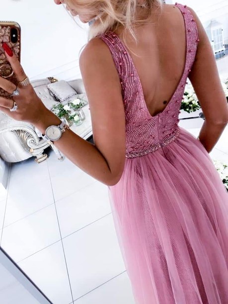 Sukienka długa tiulowa ozdobna góra wrzos