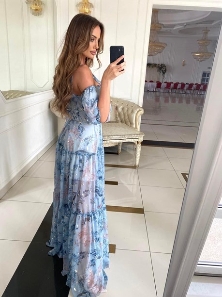 Sukienka długa szyfon doczepiany rękaw niebieski