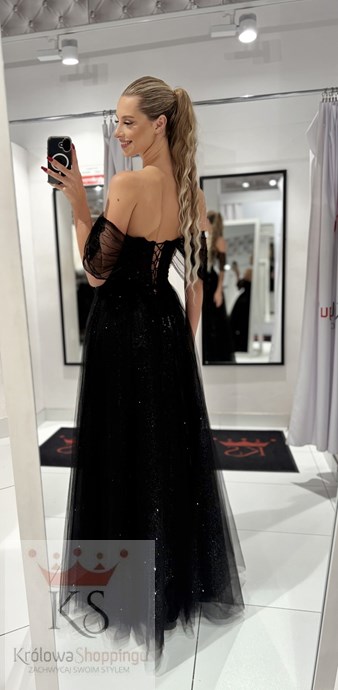 Sukienka długa gorset opadające rękawki tiul czerń