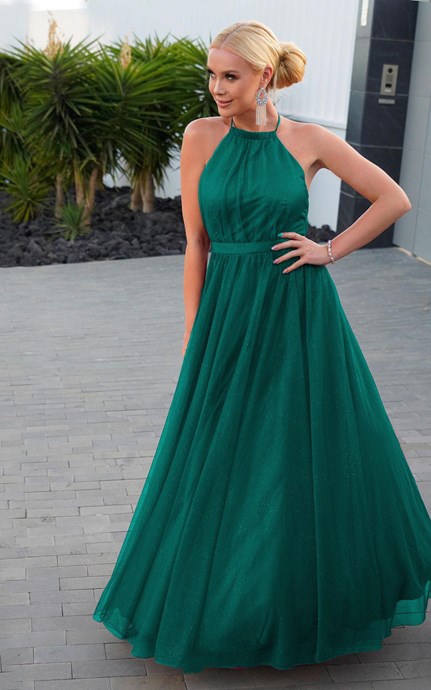 Sukienka długa wiązanie szyja tiul brokat zieleń