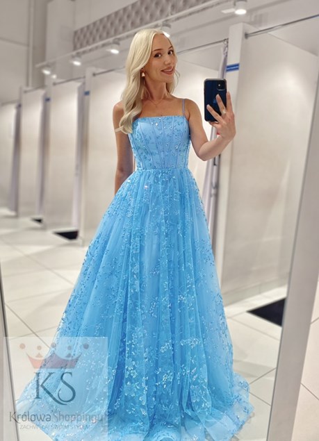 Sukienka długa balowa brokatowe kwiaty błękit