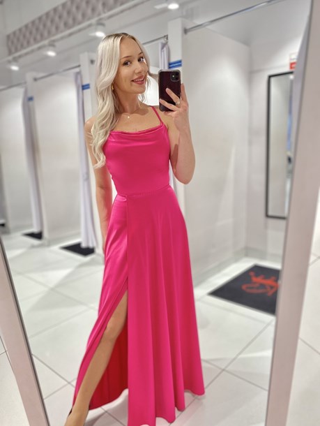 Sukienka długa satynowa wiązanie szyja magenta