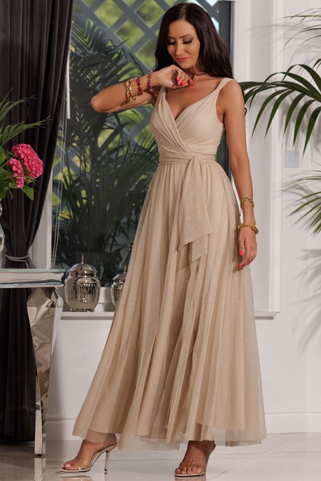 Sukienka długa ramiączka tiul pas brokat beż