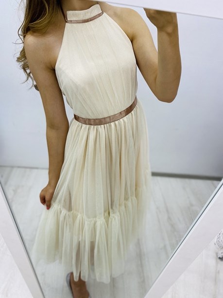 Sukienka midi tiul odkryte plecy brokat wanilia