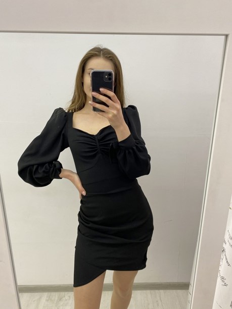 Sukienka krótka rękaw pas czerń