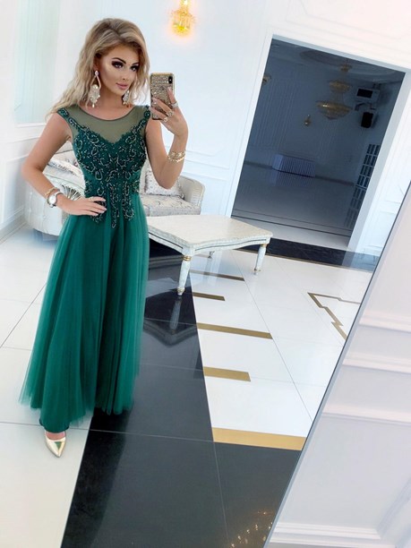 Sukienka długa zdobienie tiul wiązanie zieleń