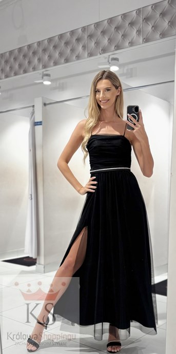 Sukienka długa cała tiulowa wiązanie tył czerń