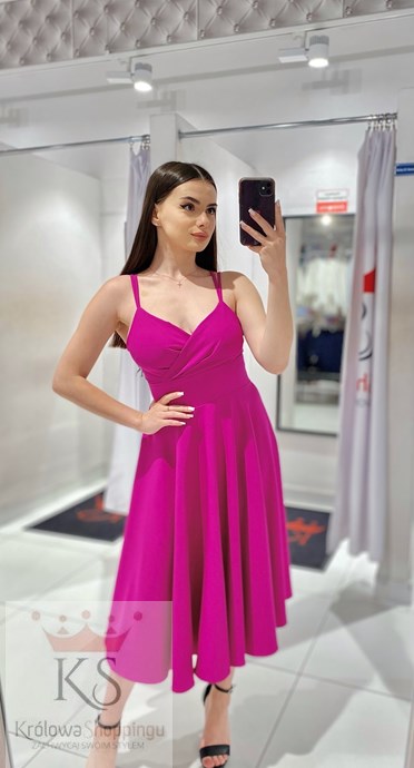 Sukienka midi rozkloszowana pas ramiączka fuksja