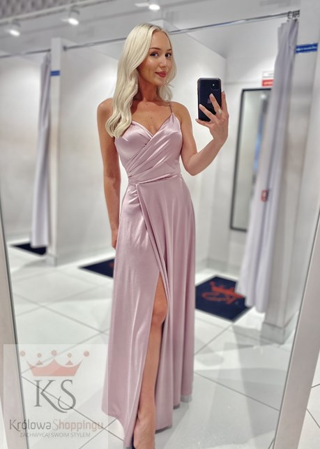 Sukienka długa ramiączka rozkloszowana róż