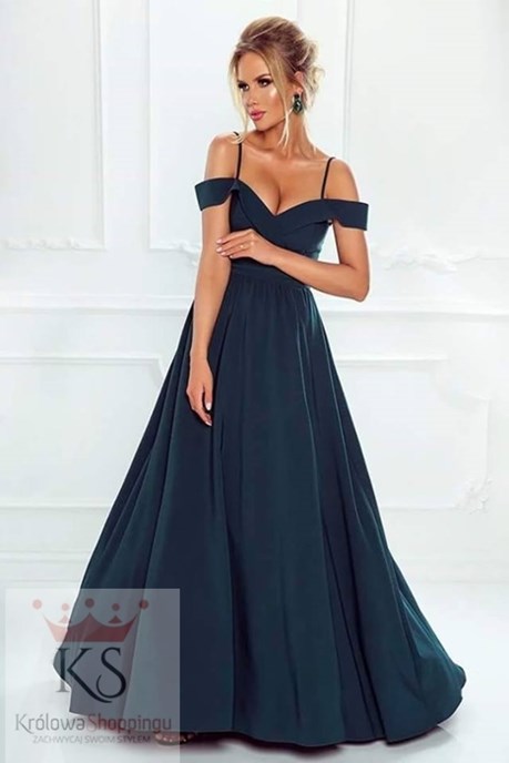 Sukienka długa opadające ramiona pas zielony