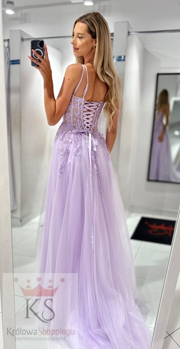 Sukienka długa asymetria tiul brokat lila