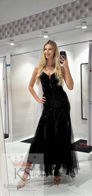 Sukienka długa rybka cekiny tiul czerń