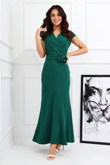 Sukienka długa rękawek pasek róża zieleń